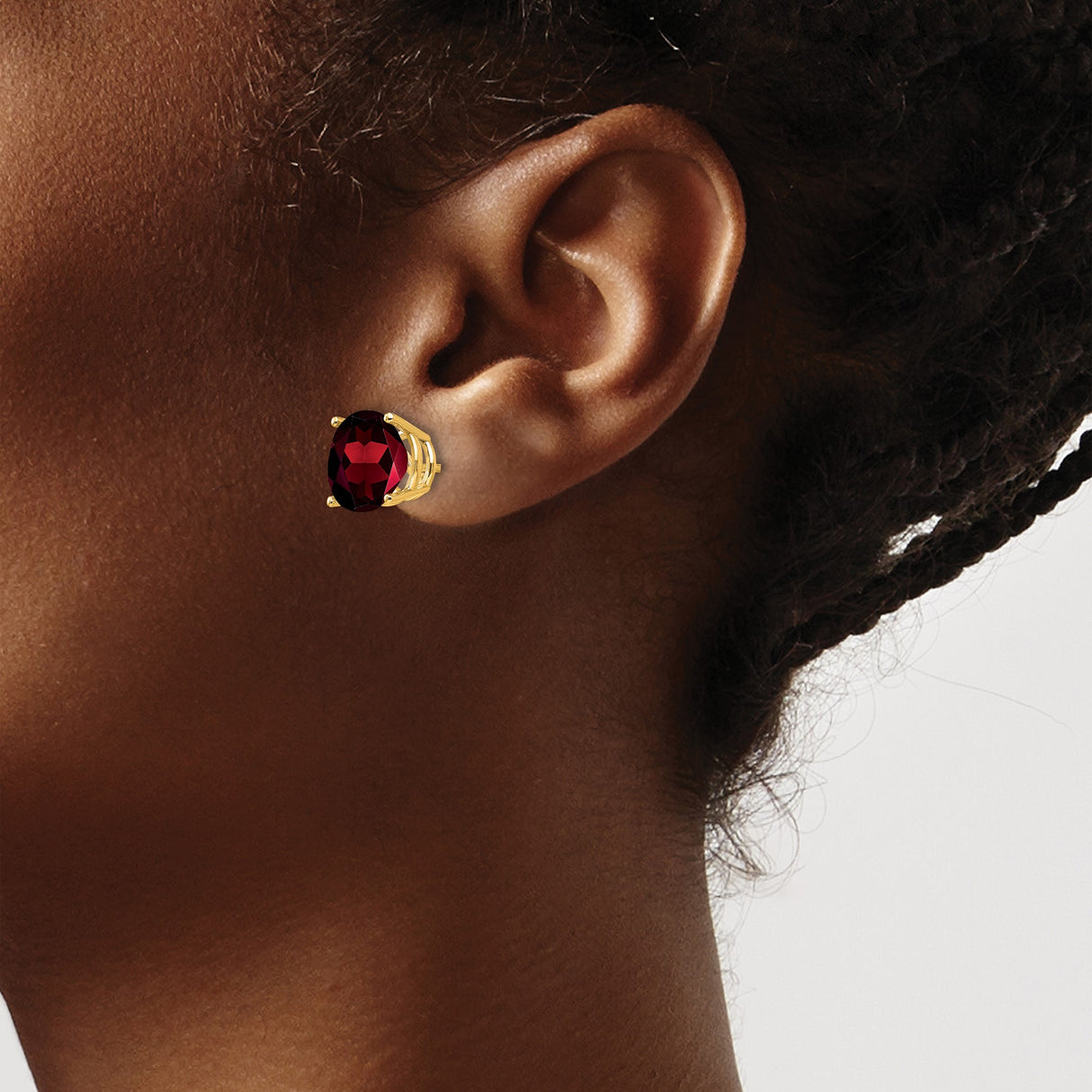 14k Yellow Gold Garnet Stud Earrings, Round Cut Deep Red Gemstones in Four-Prong Setting