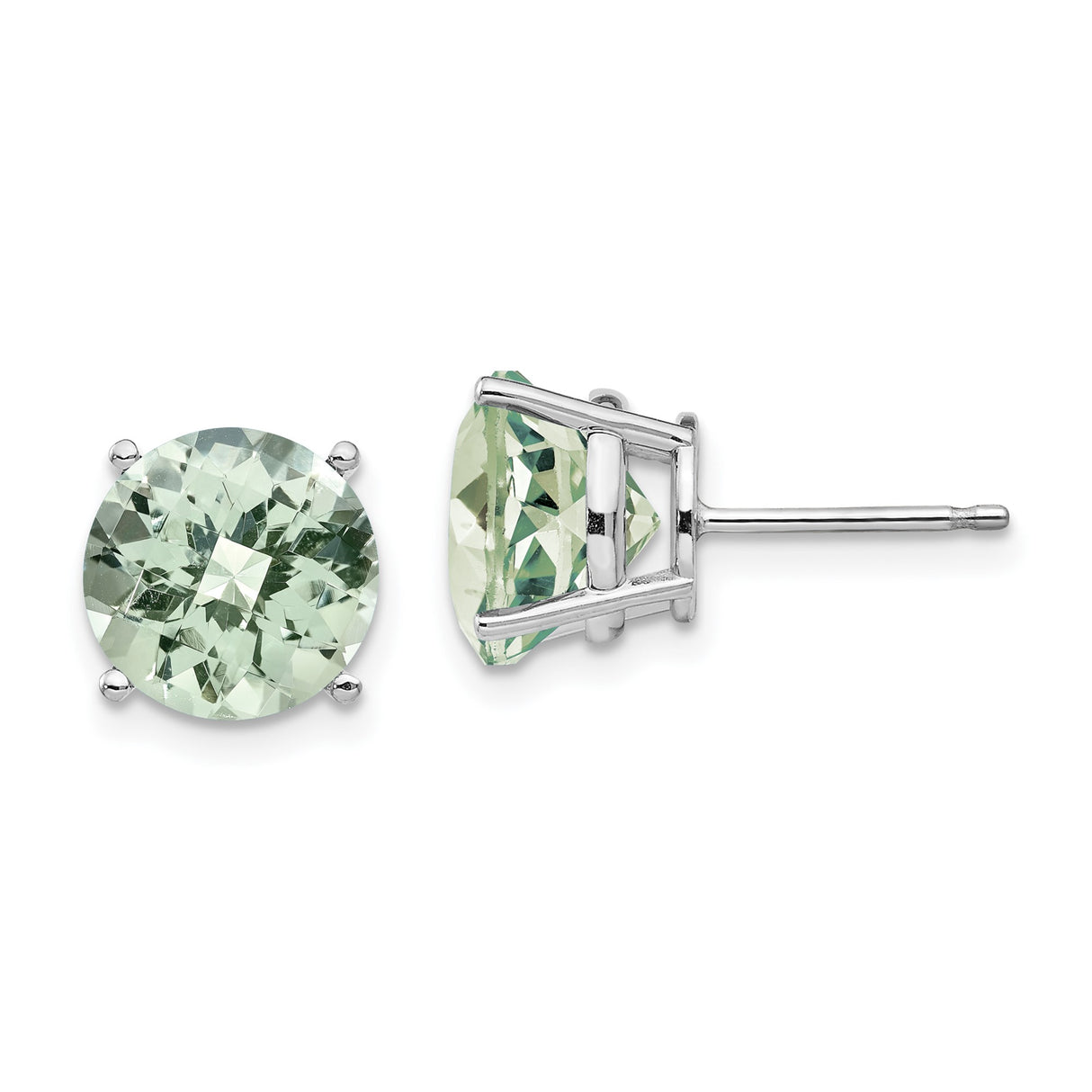 14k White Gold Stud Earrings with Round Green Quartz, Minimalist Dainty Design for Women
