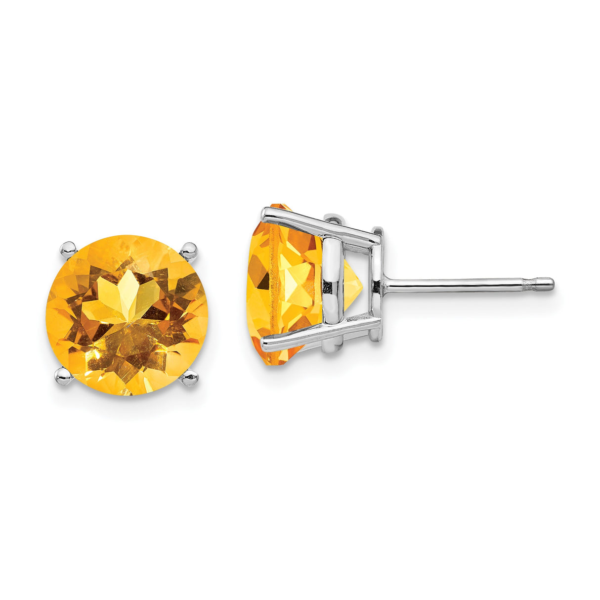 14k White Gold Stud Earrings with Round Citrine in Classic Four Prong Setting