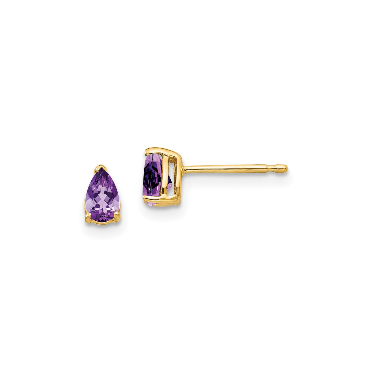 14k Yellow Gold Amethyst Stud Earrings, Pear Shaped with Minimalist Three Prong Setting