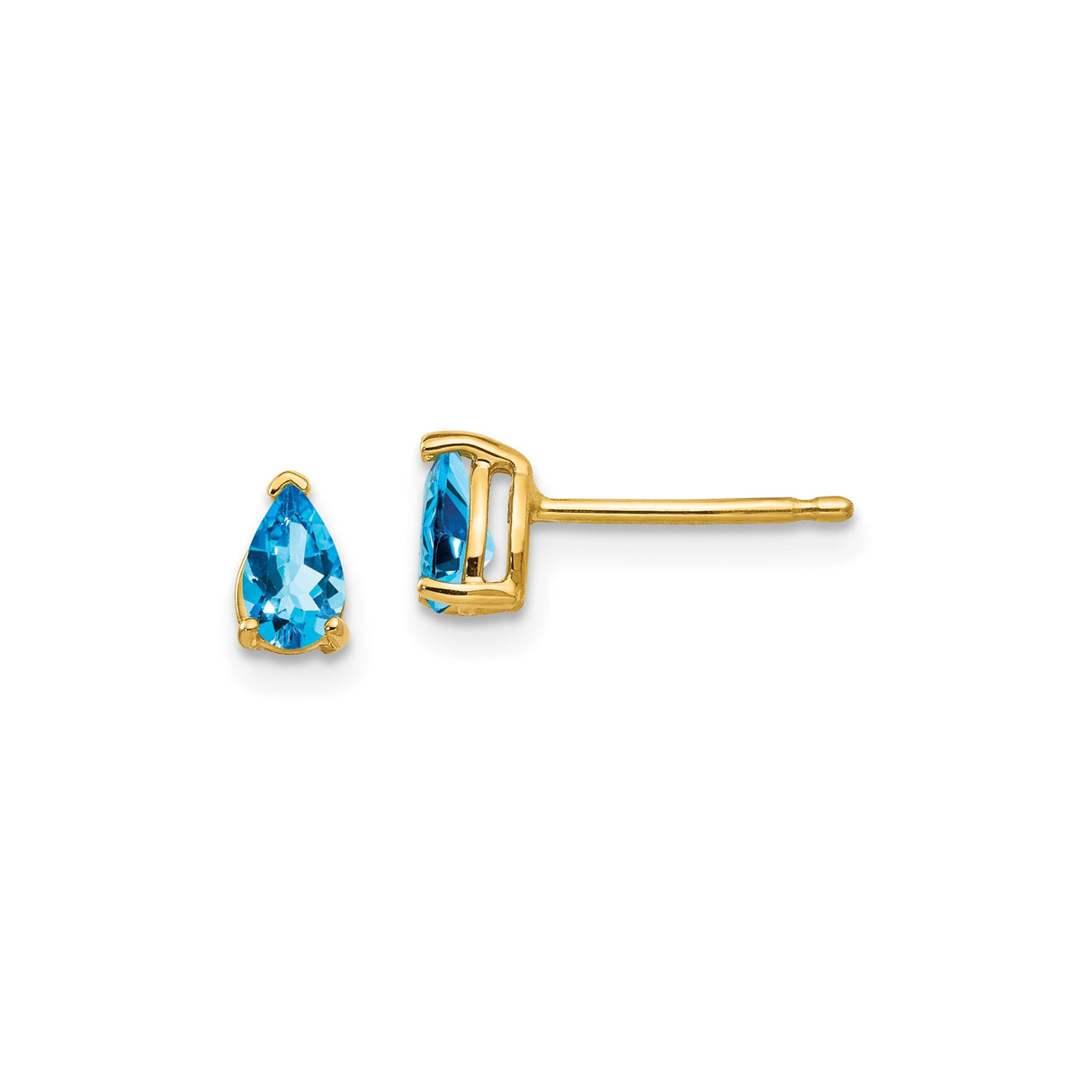 14k Yellow Gold Pear-Shaped Swiss Blue Topaz Stud Earrings, Three-Prong Dainty Gemstone Studs