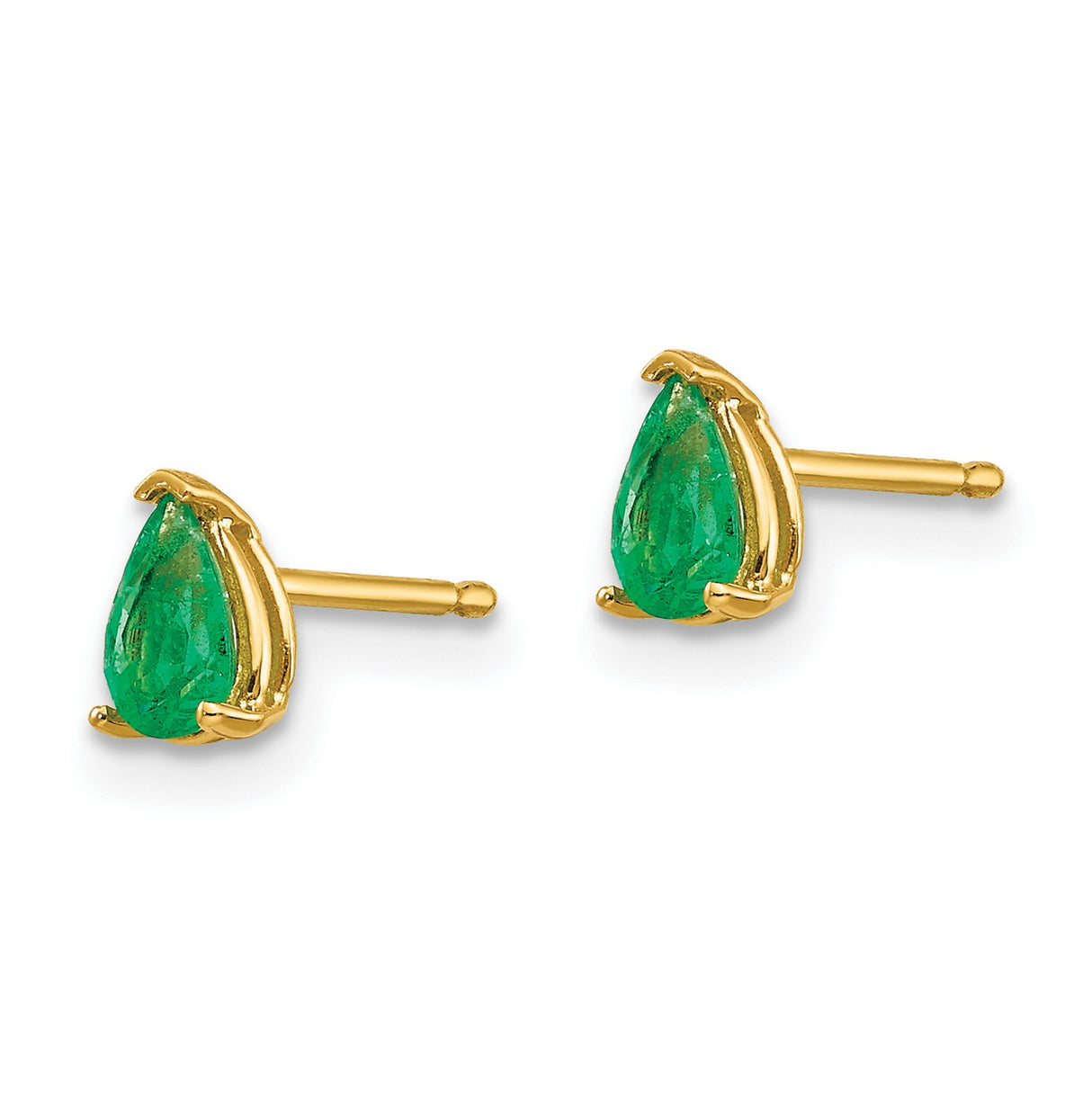 14k Yellow Gold Pear Shaped Emerald Stud Earrings, Three-Prong Setting, Minimalist Fine Jewelry