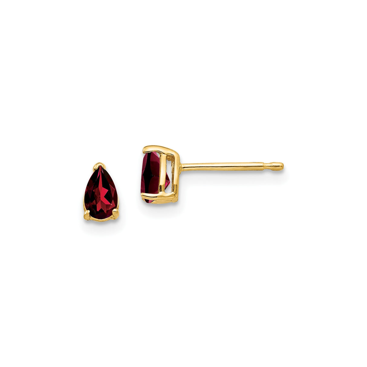 14k Yellow Gold Garnet Stud Earrings, Pear Shaped Deep Red Gemstone, Classic Prong Setting