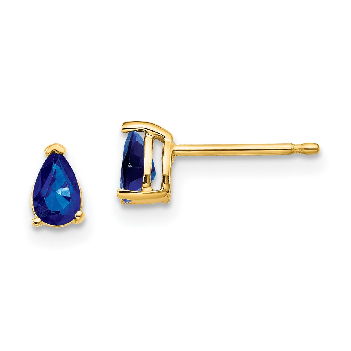 14k Yellow Gold Stud Earrings with Pear Shaped Sapphire, Three Prong Teardrop Style for Women