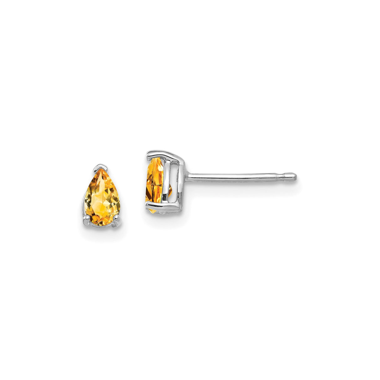 14k White Gold Citrine Stud Earrings, Pear Shaped, Three Prong Setting