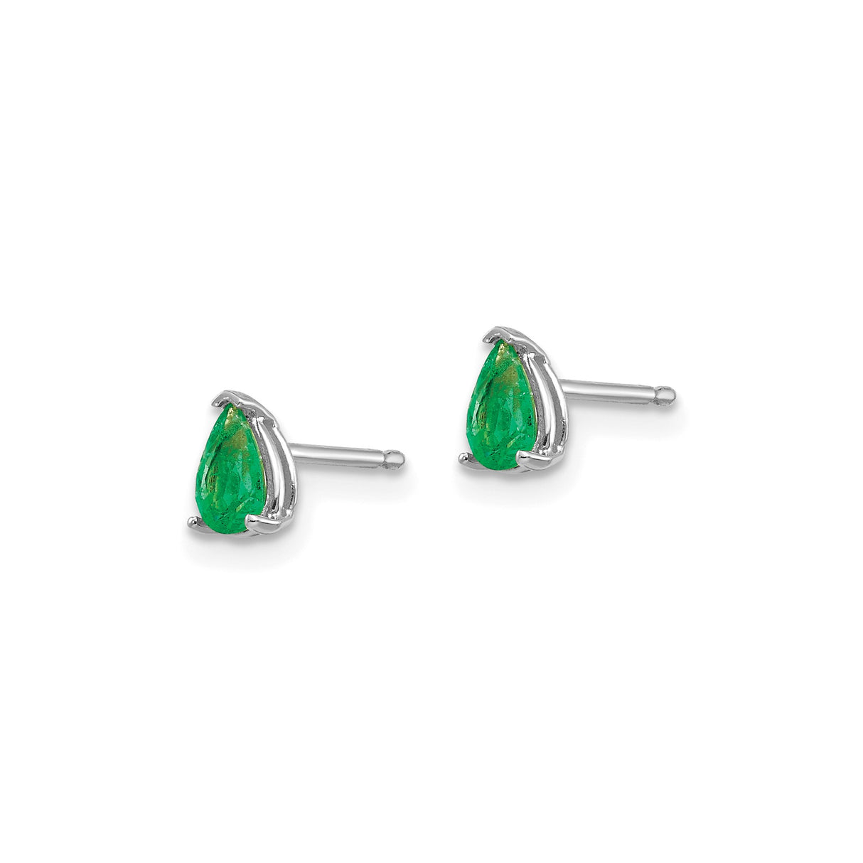 14k White Gold Emerald Stud Earrings, Pear Shaped, Three Prong Minimalist Design