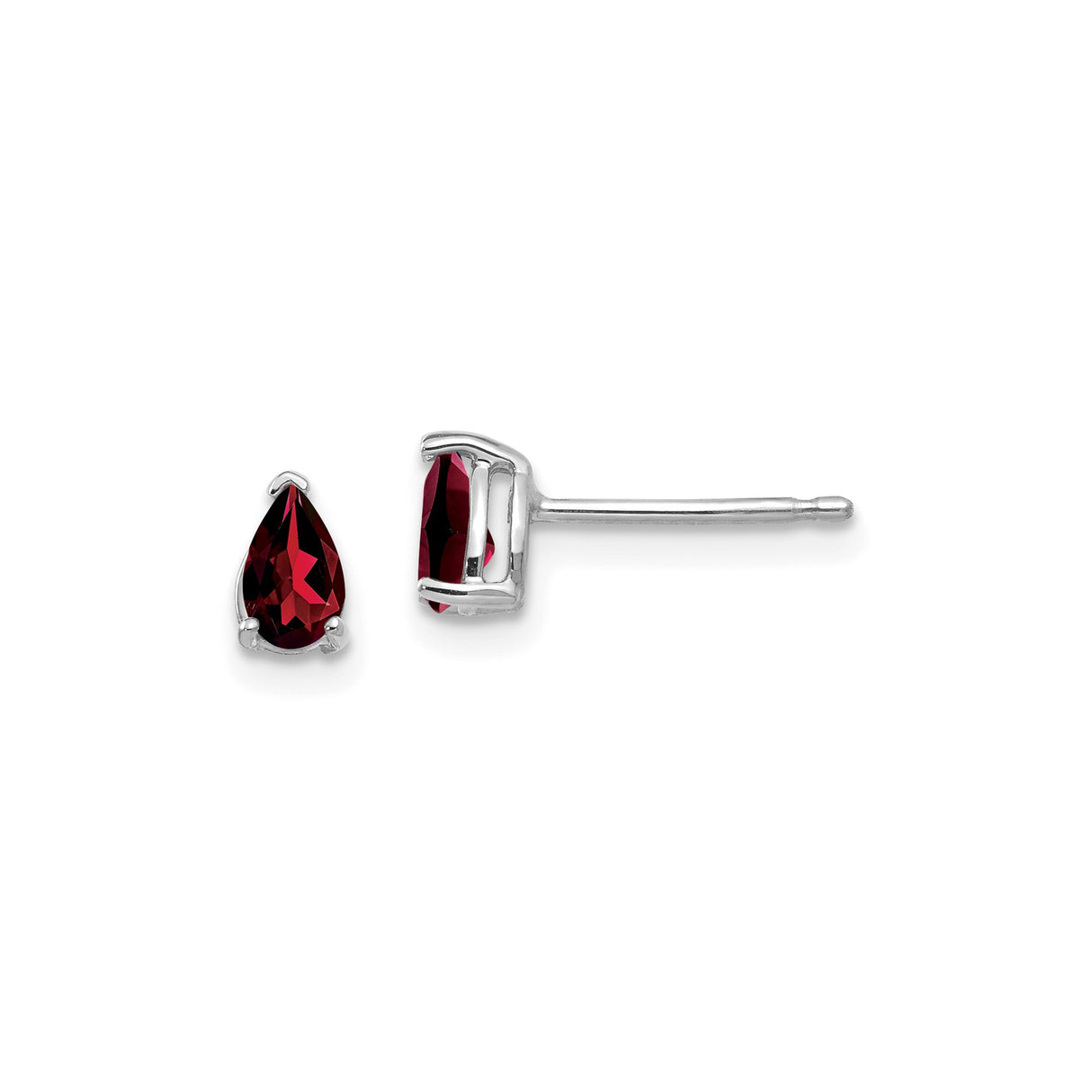 14k White Gold Garnet Stud Earrings, Pear Shape Prong Setting, January Birthstone Jewelry