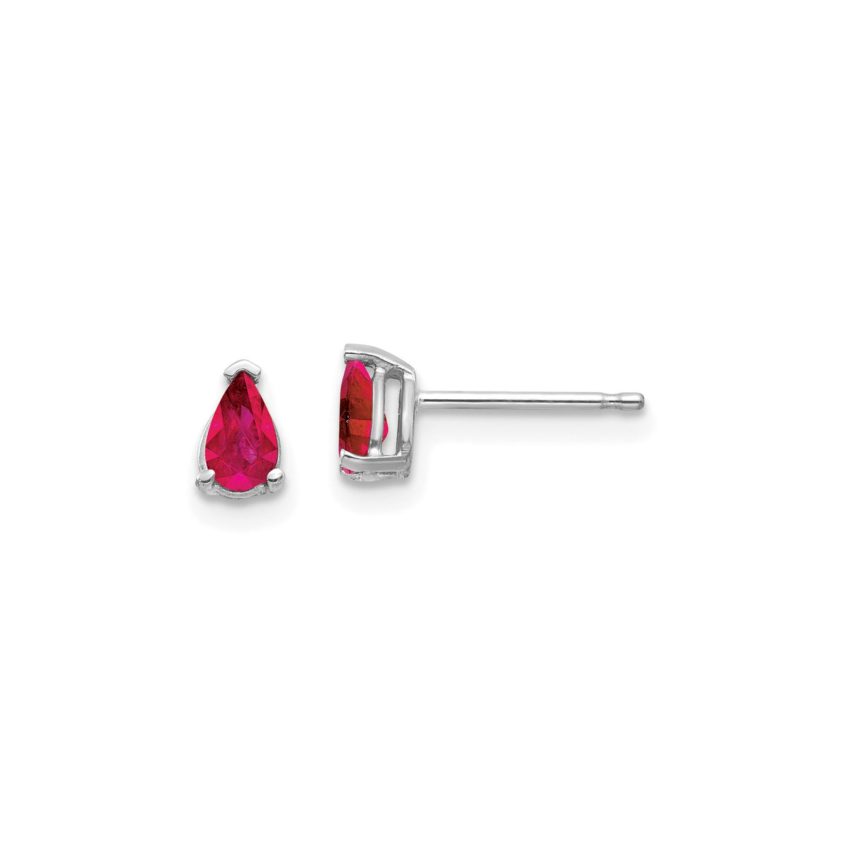 14k White Gold Ruby Stud Earrings, Pear Shaped Gemstone in Three Prong Setting