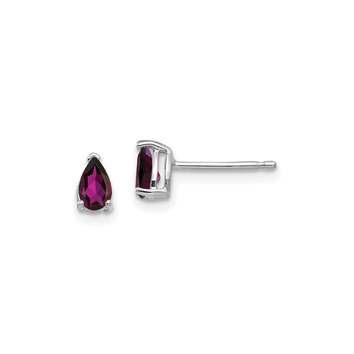 14k White Gold Garnet Stud Earrings, Pear Shaped Deep Purple Gemstone, Minimalist Jewelry for Women