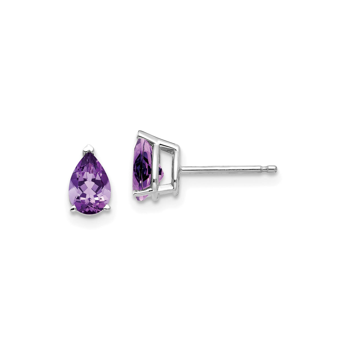 14k White Gold Amethyst Stud Earrings, Pear Shaped Purple Gemstone, Prong Set Classic Style