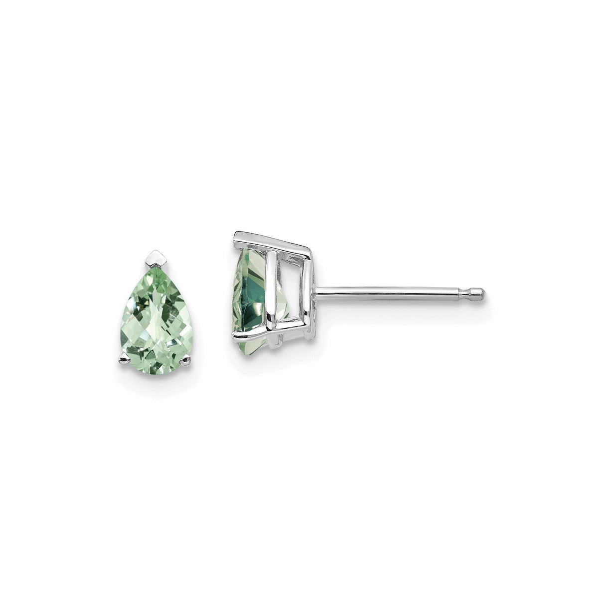 14k White Gold Stud Earrings with Pear Cut Green Quartz, Minimalist Modern Style for Women