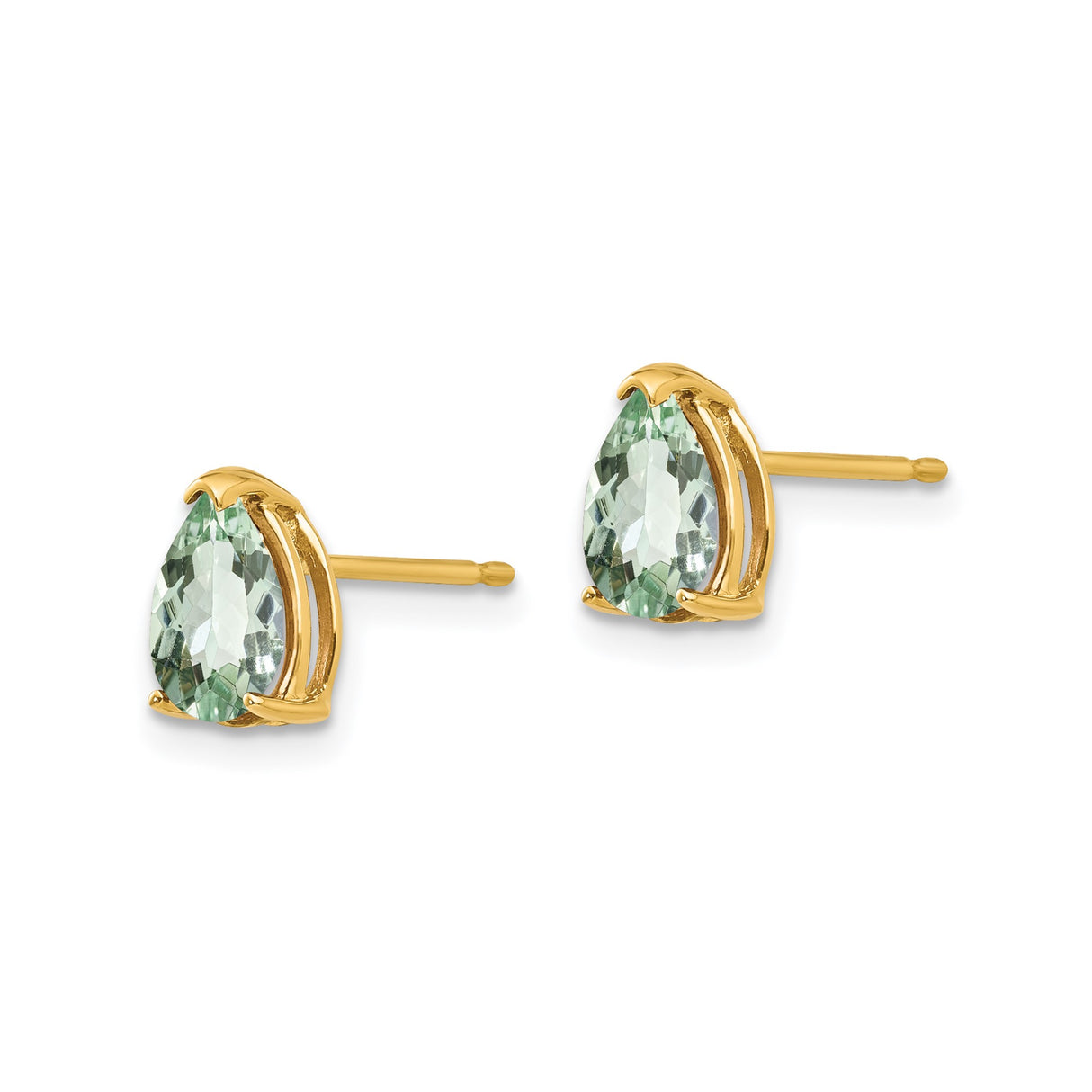 14k Yellow Gold Pear Shaped Green Amethyst Stud Earrings in Prong Setting for Women