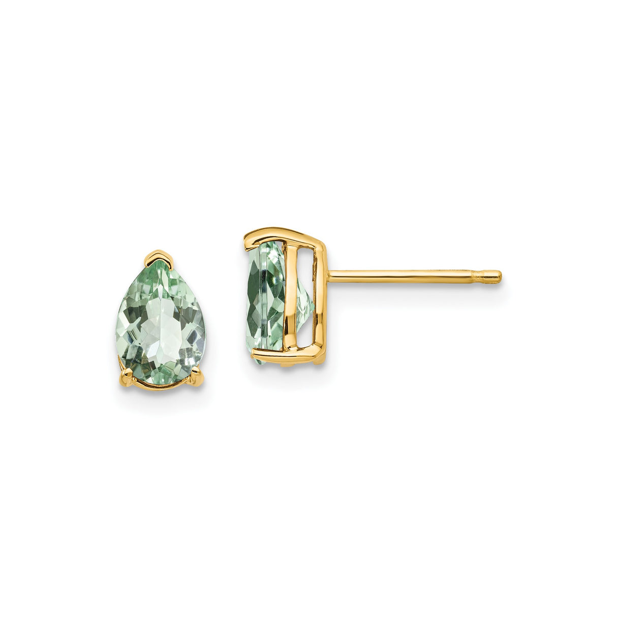 14k Yellow Gold Pear Shaped Green Amethyst Stud Earrings in Prong Setting for Women