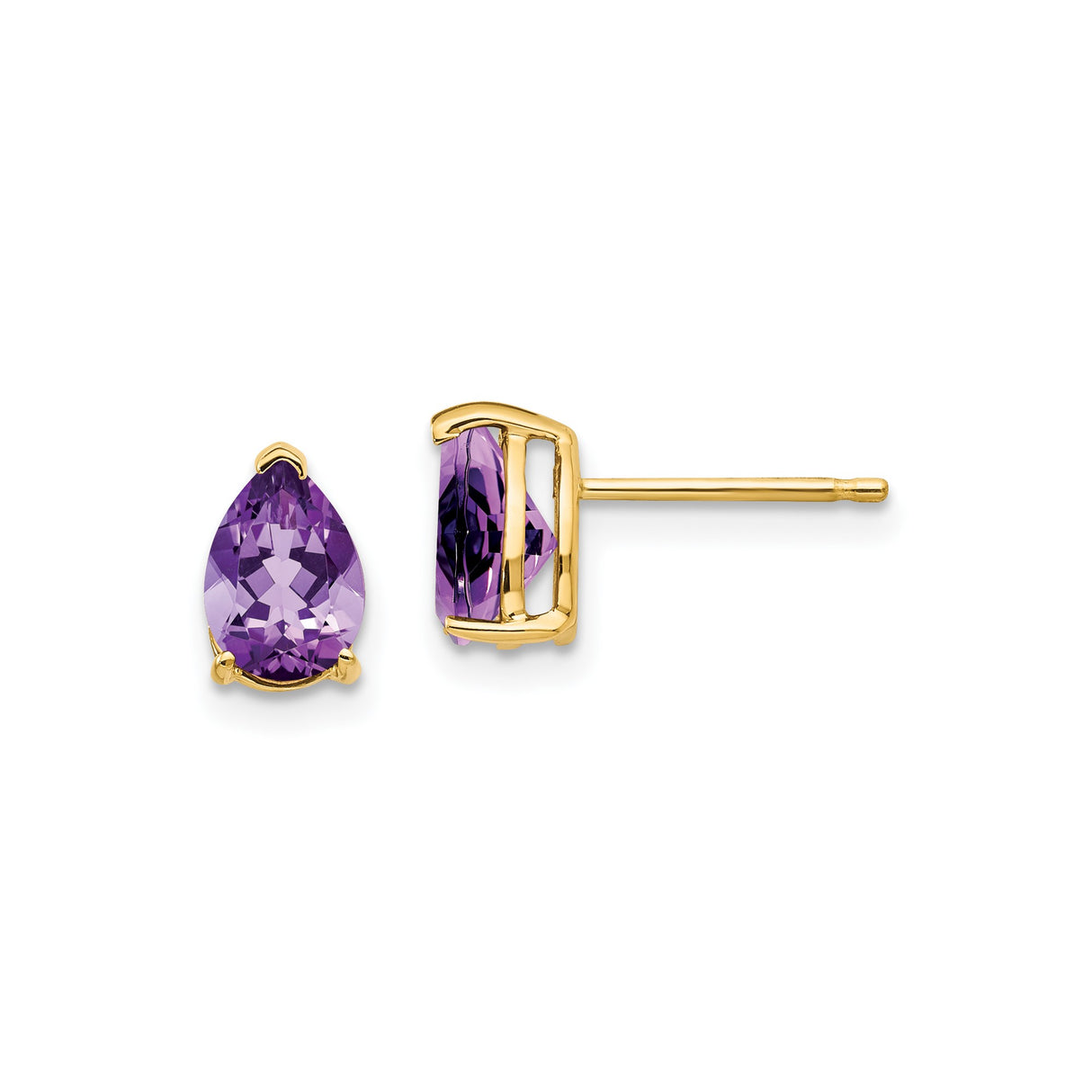 14k Yellow Gold Amethyst Stud Earrings, Pear-Shaped Faceted February Birthstone Jewelry