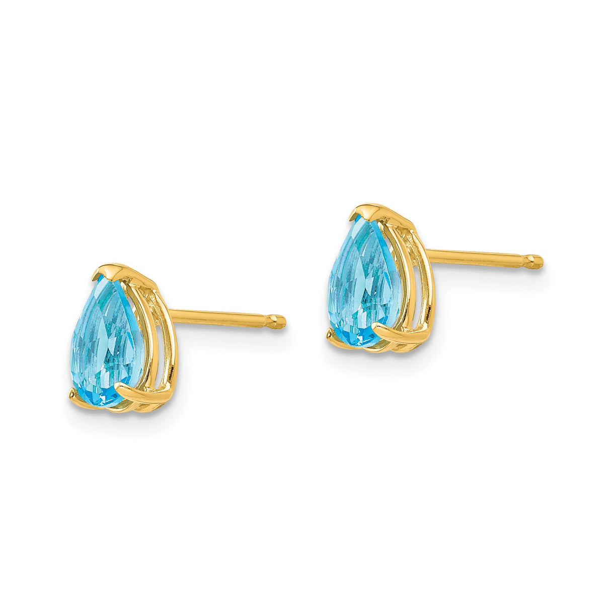 14k Yellow Gold Blue Topaz Stud Earrings, Pear Shaped Gemstone, Three Prong Setting