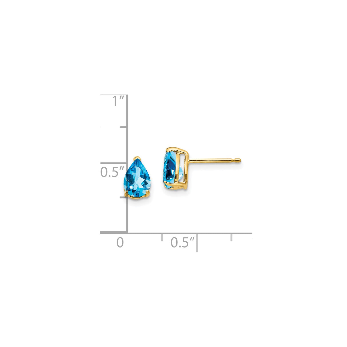 14k Yellow Gold Blue Topaz Stud Earrings, Pear Shaped Gemstone, Three Prong Setting