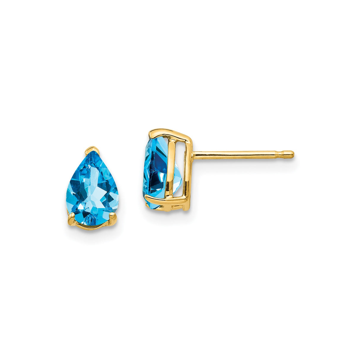 14k Yellow Gold Blue Topaz Stud Earrings, Pear Shaped Gemstone, Three Prong Setting