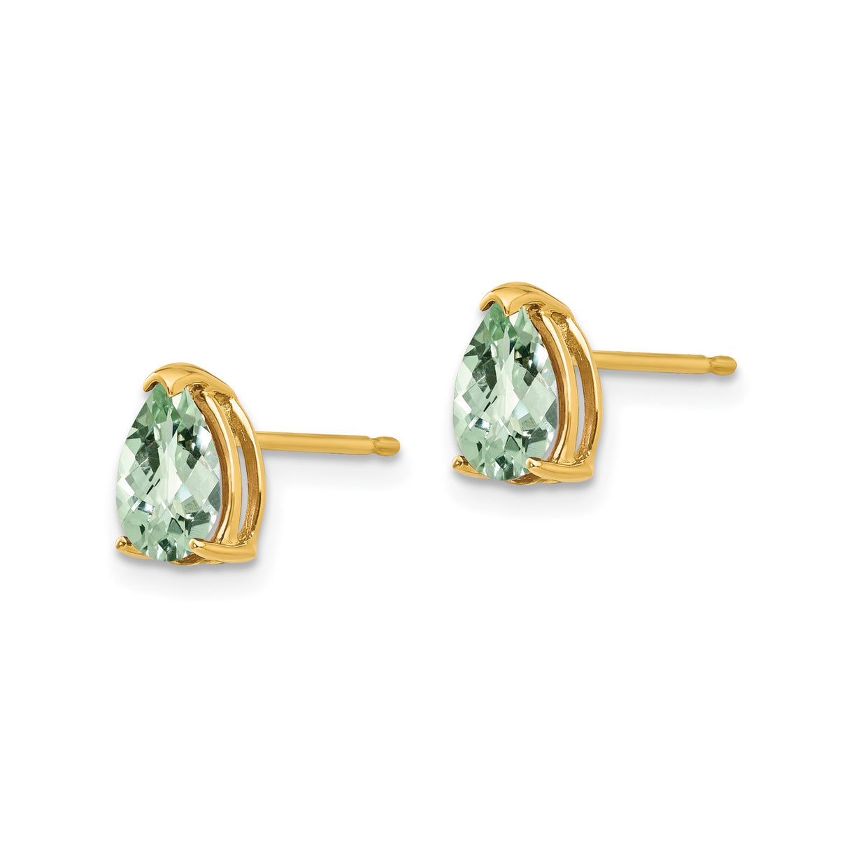 14k Yellow Gold Stud Earrings with Pear Shaped Green Quartz in Prong Setting