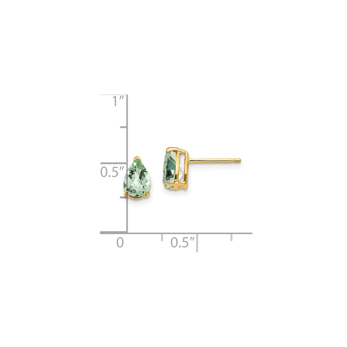 14k Yellow Gold Stud Earrings with Pear Shaped Green Quartz in Prong Setting