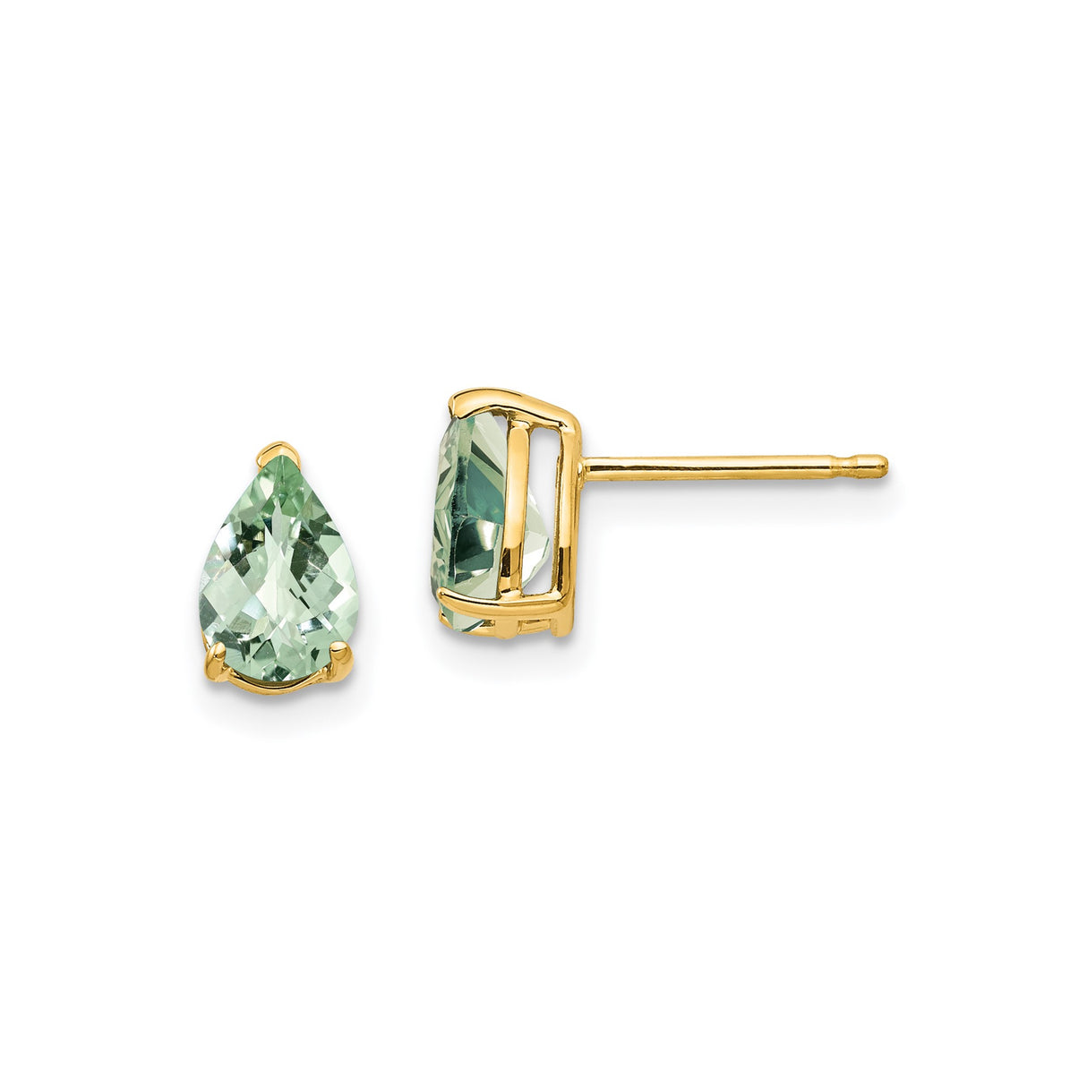 14k Yellow Gold Stud Earrings with Pear Shaped Green Quartz in Prong Setting