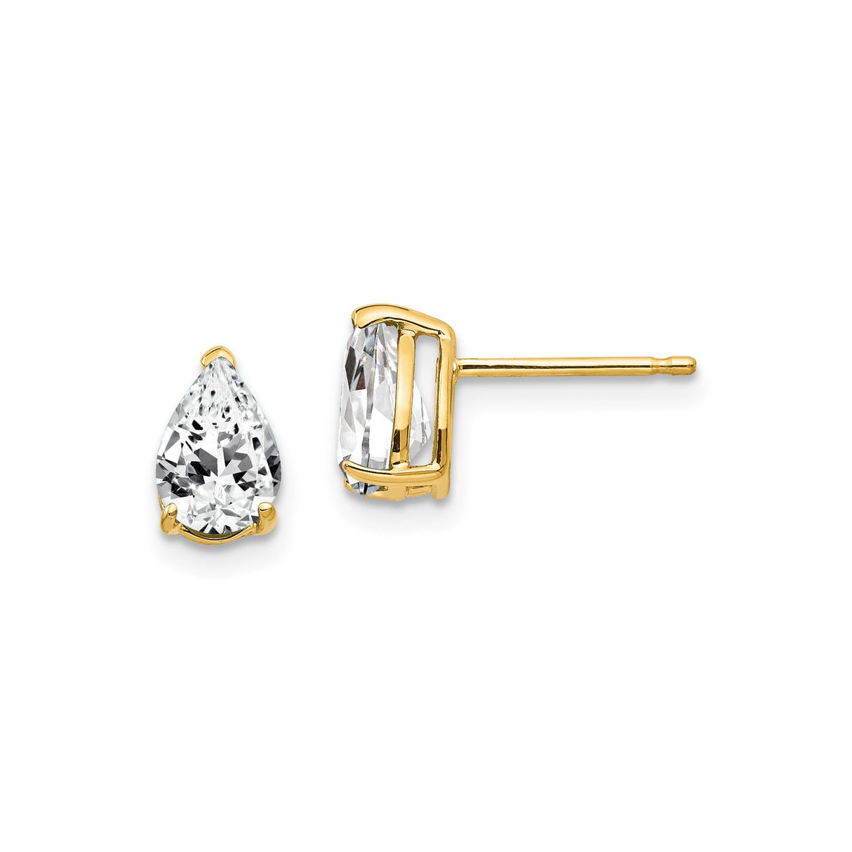 14k Yellow Gold Stud Earrings with Pear Cut Cubic Zirconia, Prong Set Solitaire Design