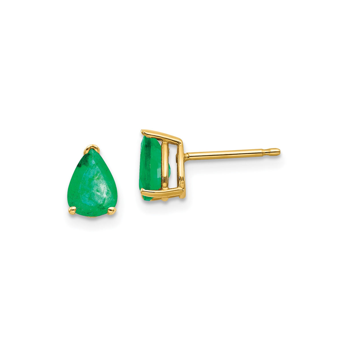 14k Yellow Gold Stud Earrings with Pear Shaped Emeralds, Three Prong Setting