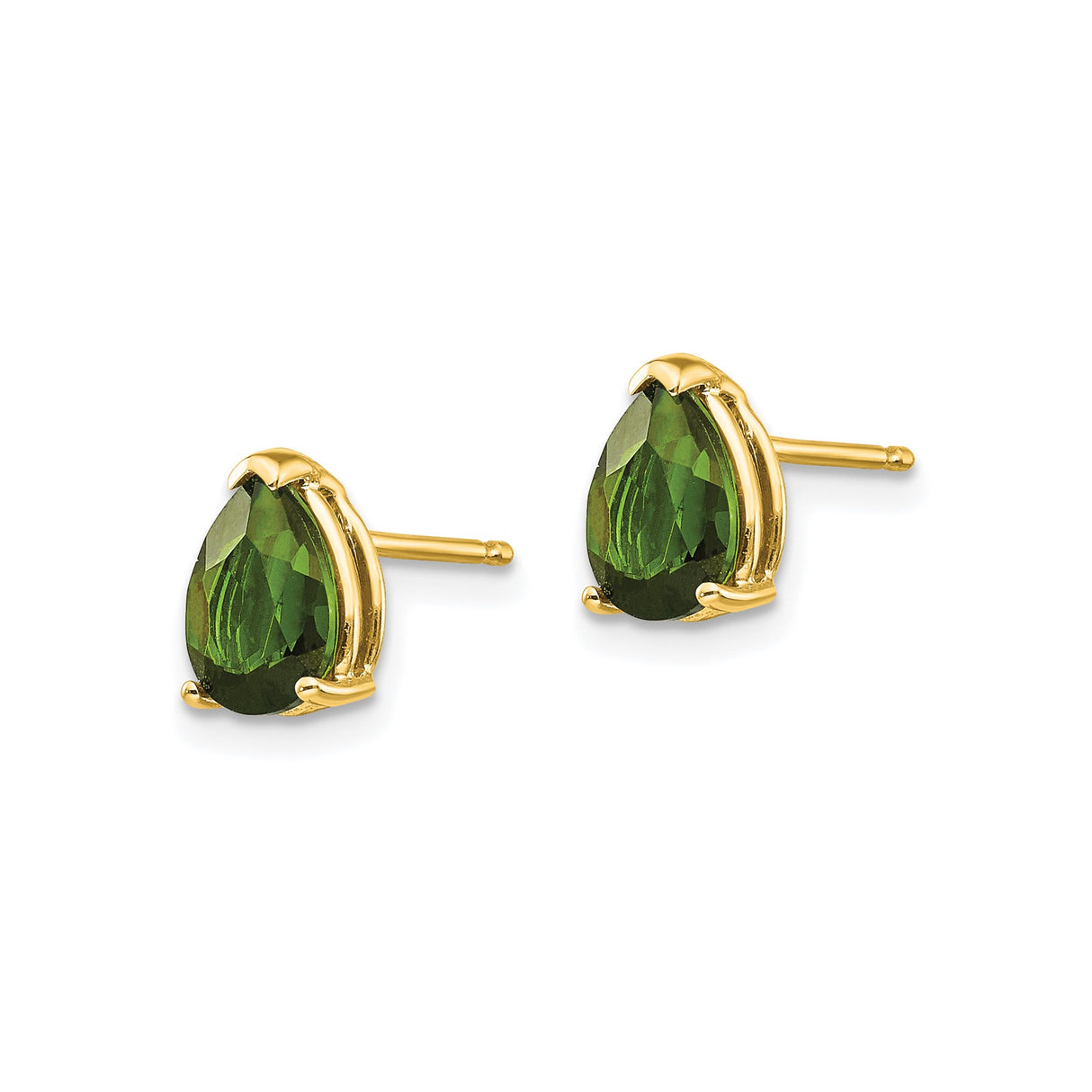14k Yellow Gold Stud Earrings with Green Tourmaline, Pear Shaped Prong Set Gemstone