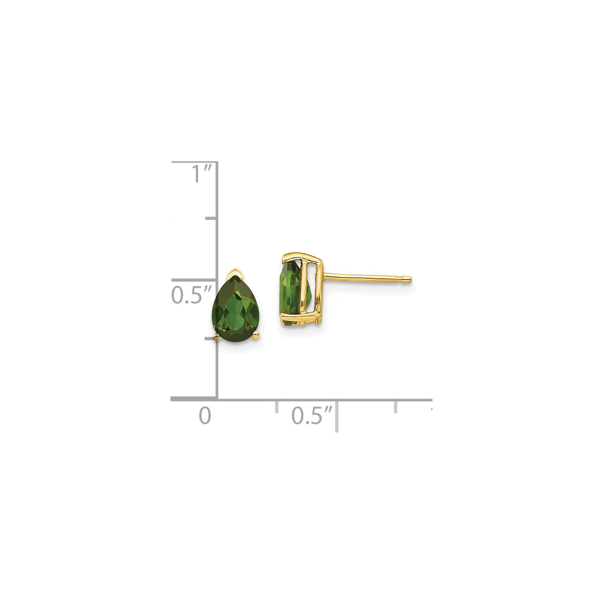 14k Yellow Gold Stud Earrings with Green Tourmaline, Pear Shaped Prong Set Gemstone