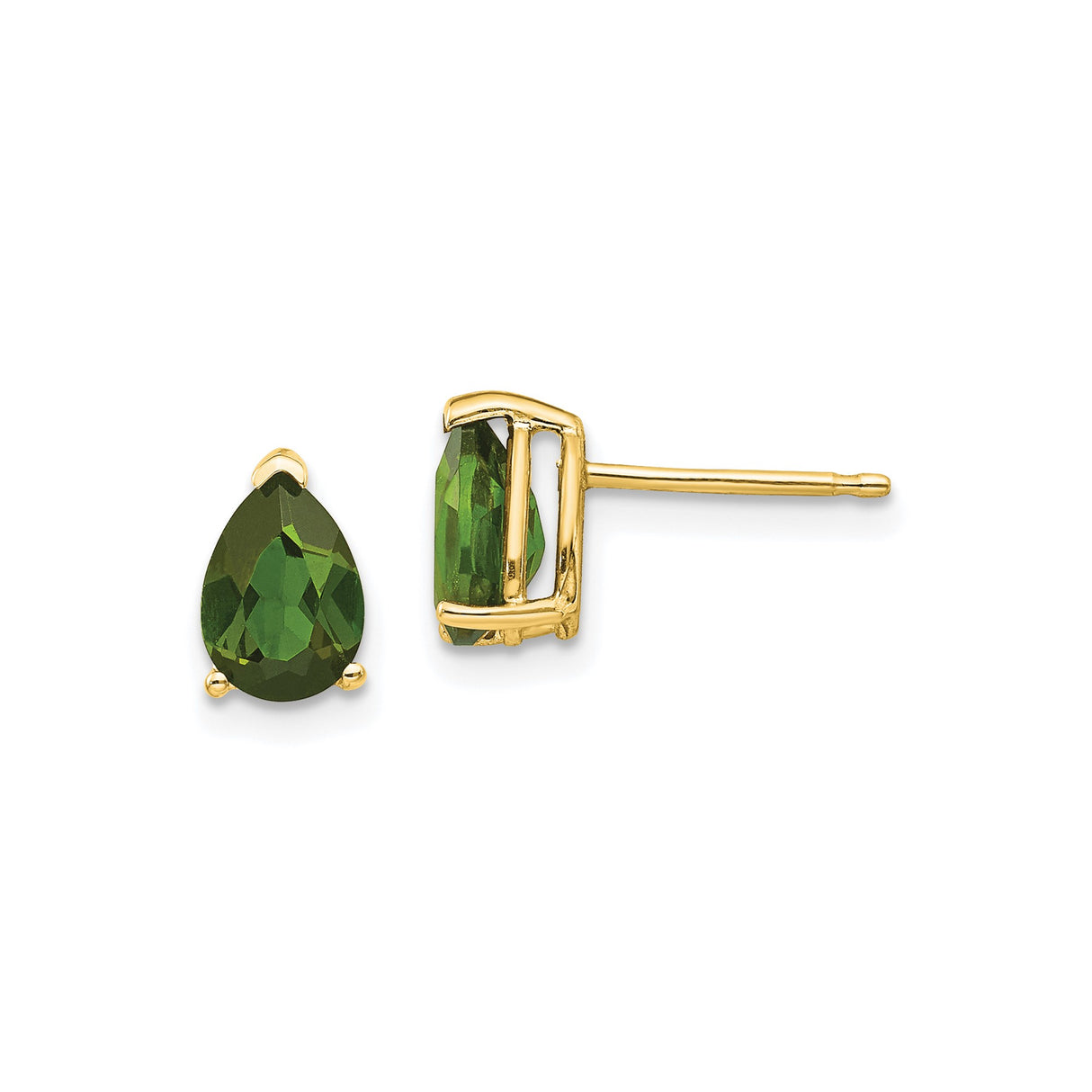 14k Yellow Gold Stud Earrings with Green Tourmaline, Pear Shaped Prong Set Gemstone