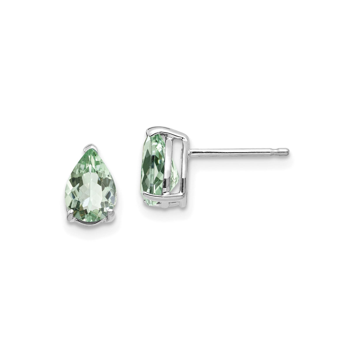 14k White Gold Pear Shaped Green Amethyst Stud Earrings, Solitaire Style for Women
