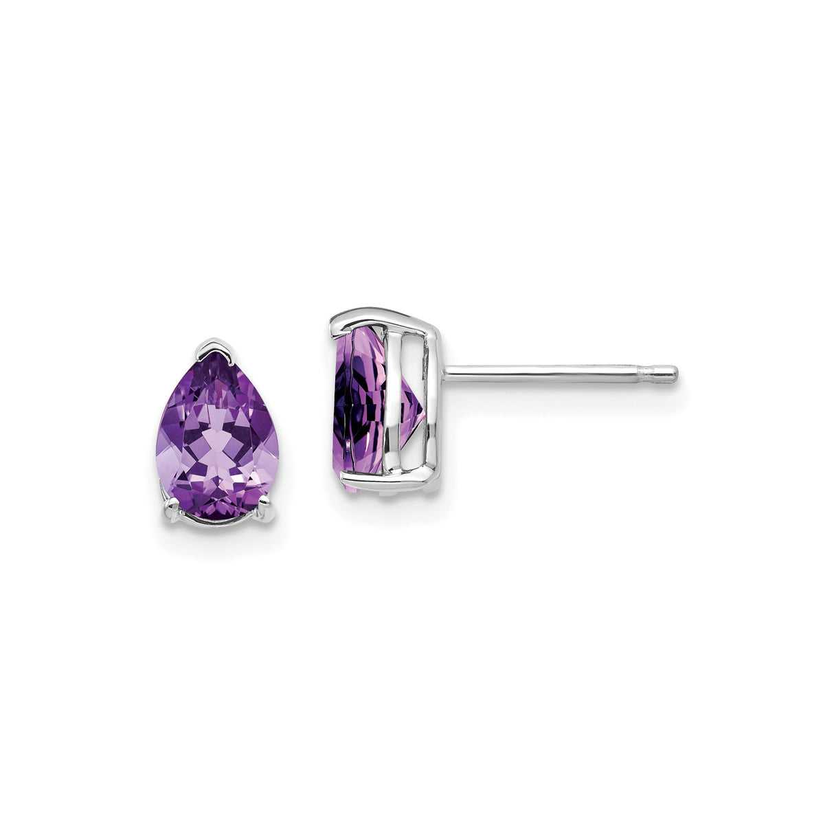 14k White Gold Amethyst Stud Earrings, Pear Shaped February Birthstone in Prong Setting