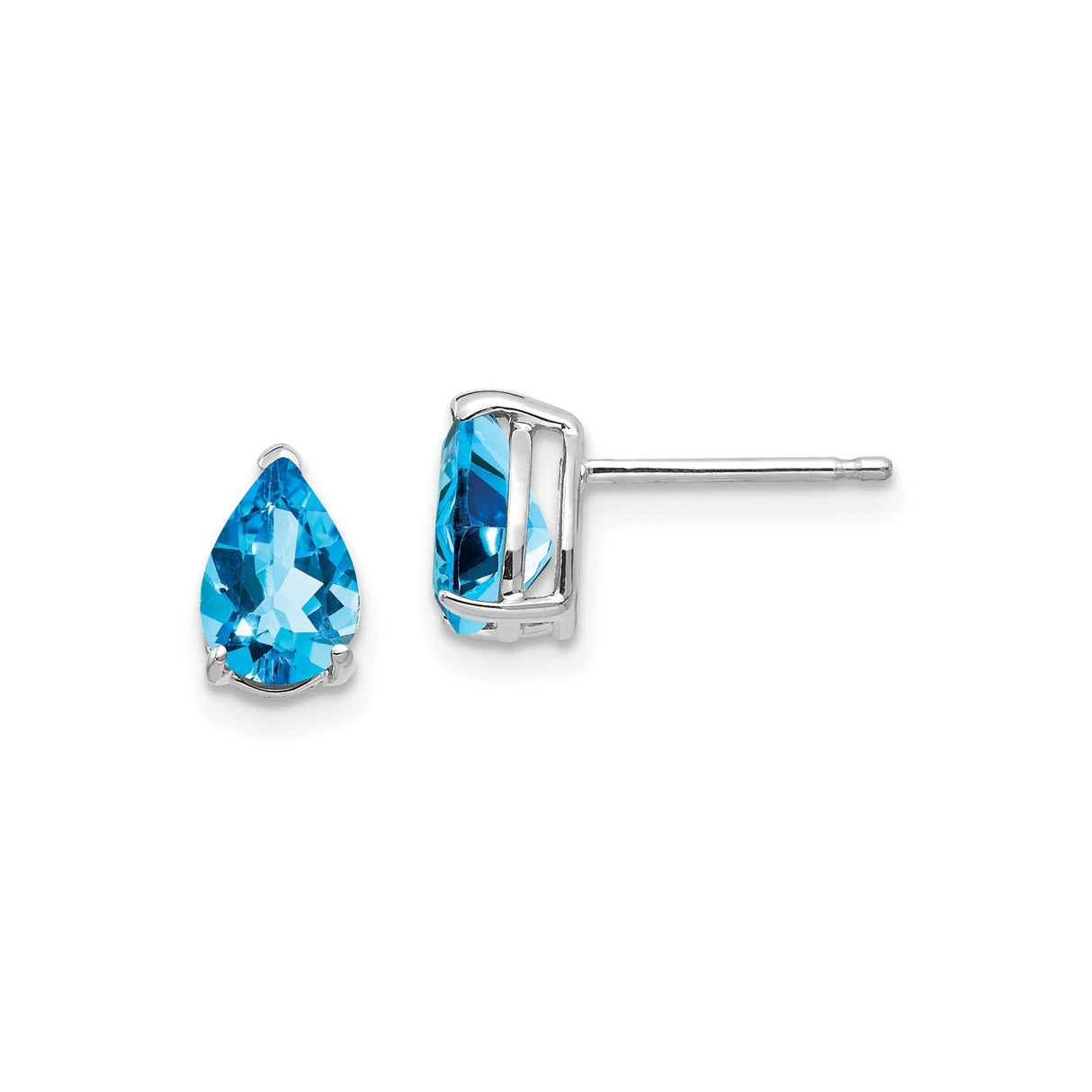 14k White Gold Stud Earrings with Swiss Blue Topaz Pear Cut Gemstone, Minimalist Design