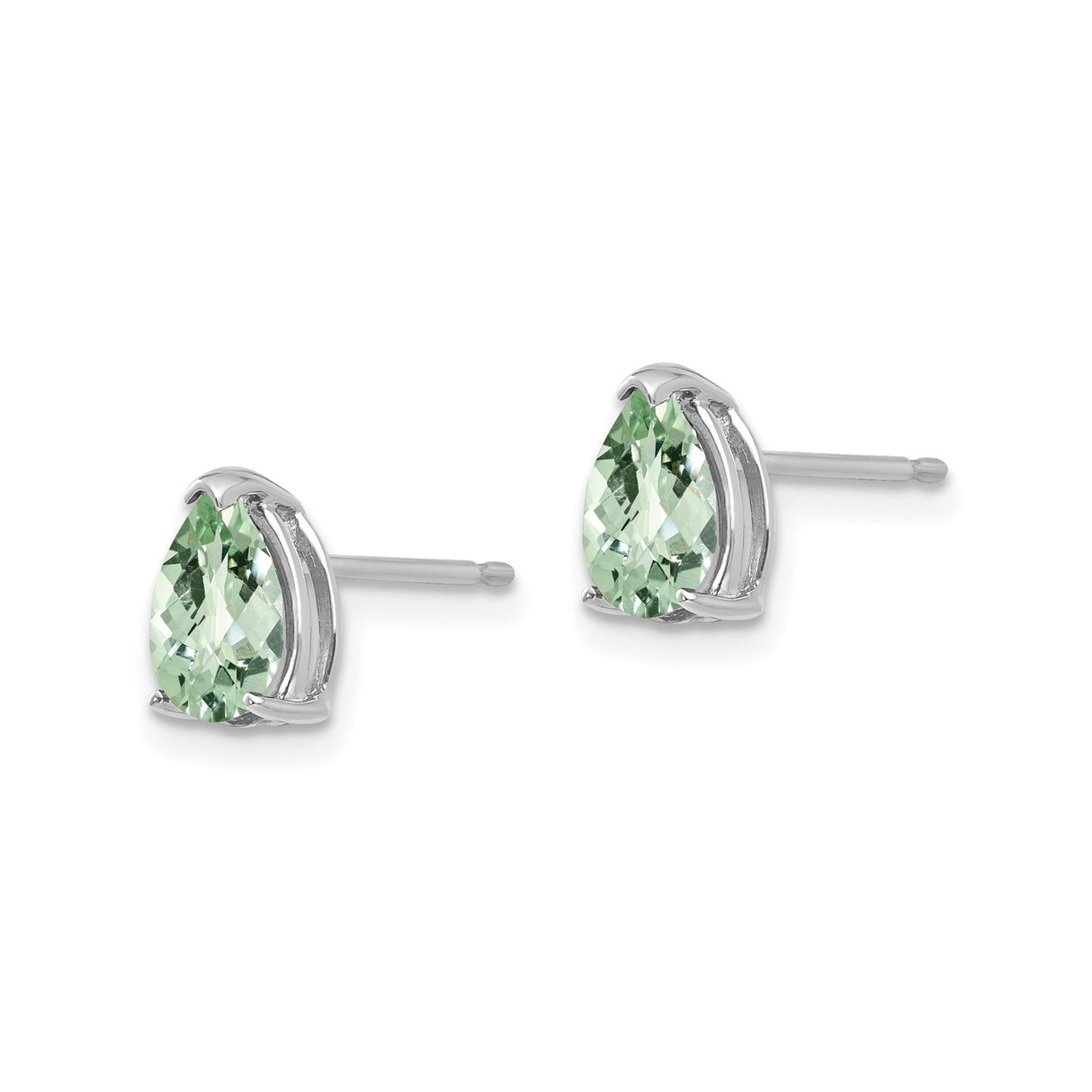 14k White Gold Stud Earrings with Pear Cut Green Quartz, Teardrop Gemstone Design