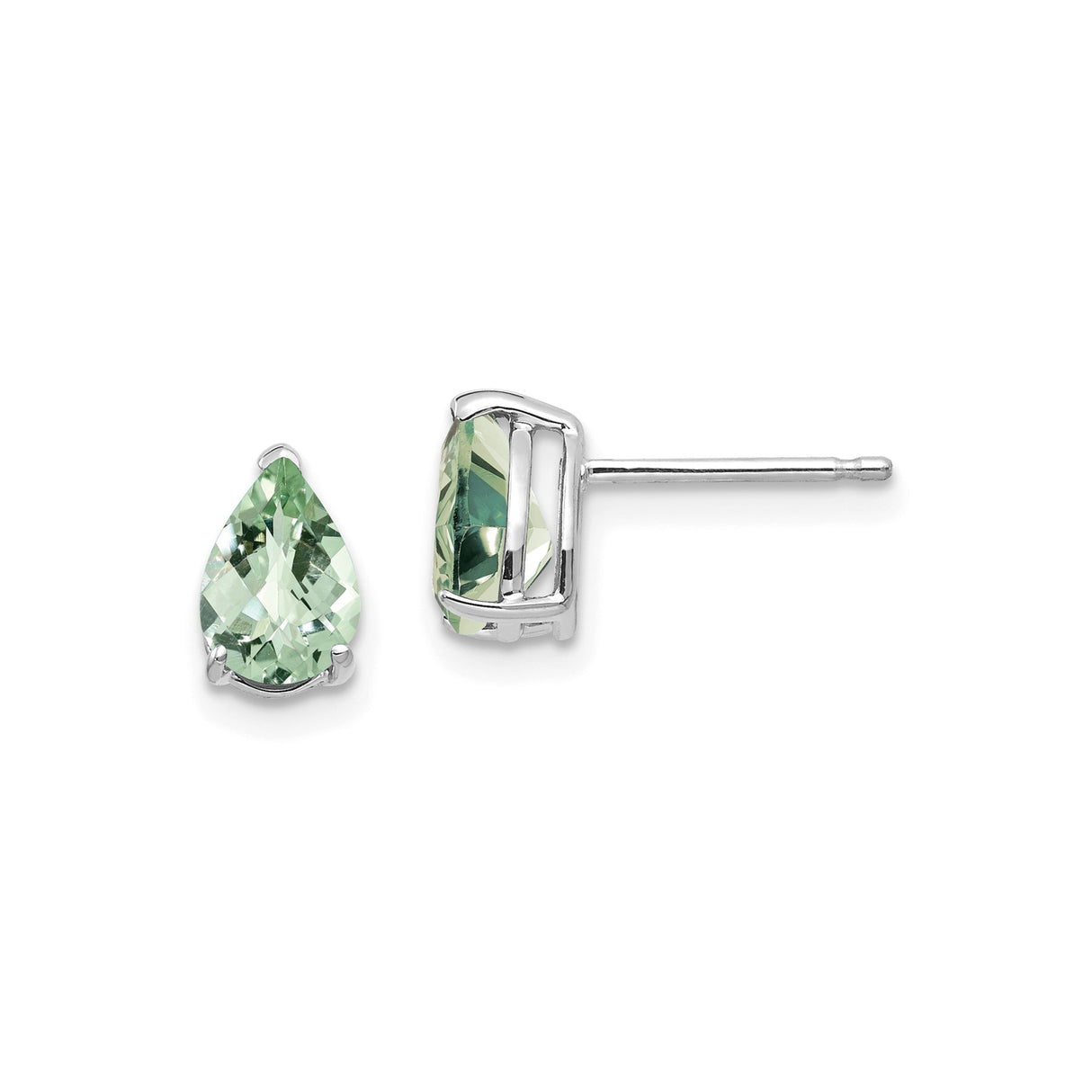14k White Gold Stud Earrings with Pear Cut Green Quartz, Teardrop Gemstone Design