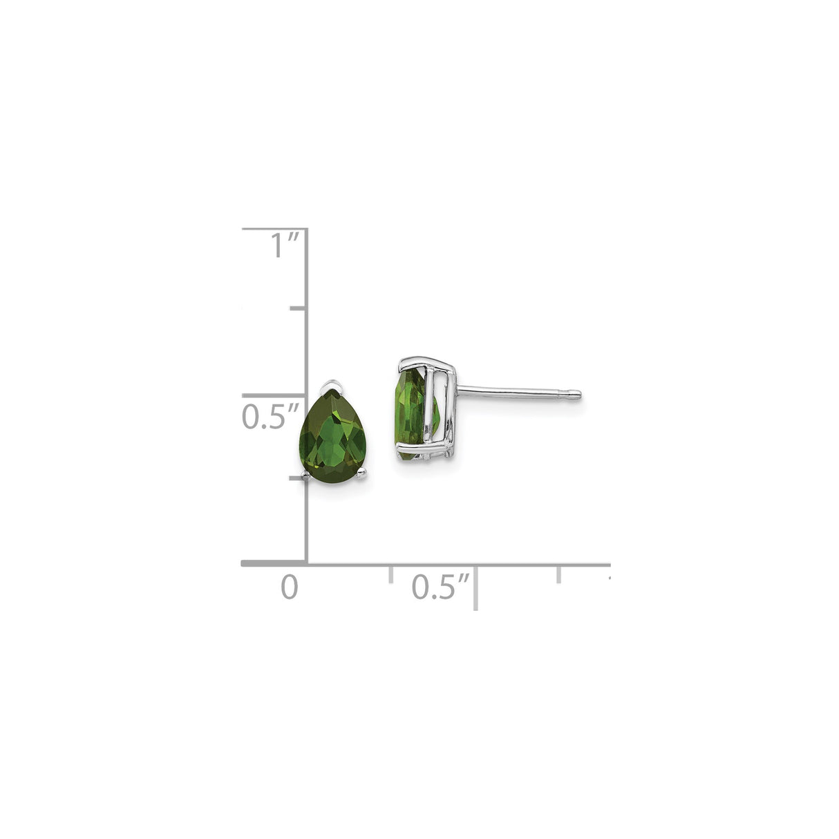 14k White Gold Stud Earrings with Pear Shaped Green Tourmaline, Classic Lightweight Design