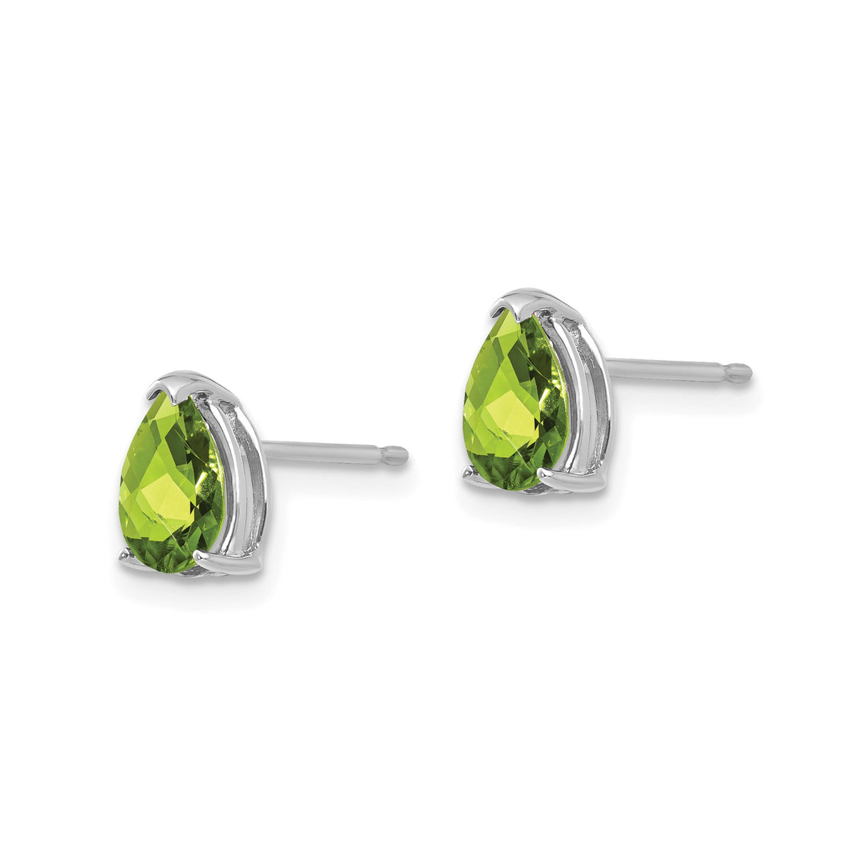 14k White Gold Peridot Stud Earrings, Pear Shaped, Classic Three Prong Setting