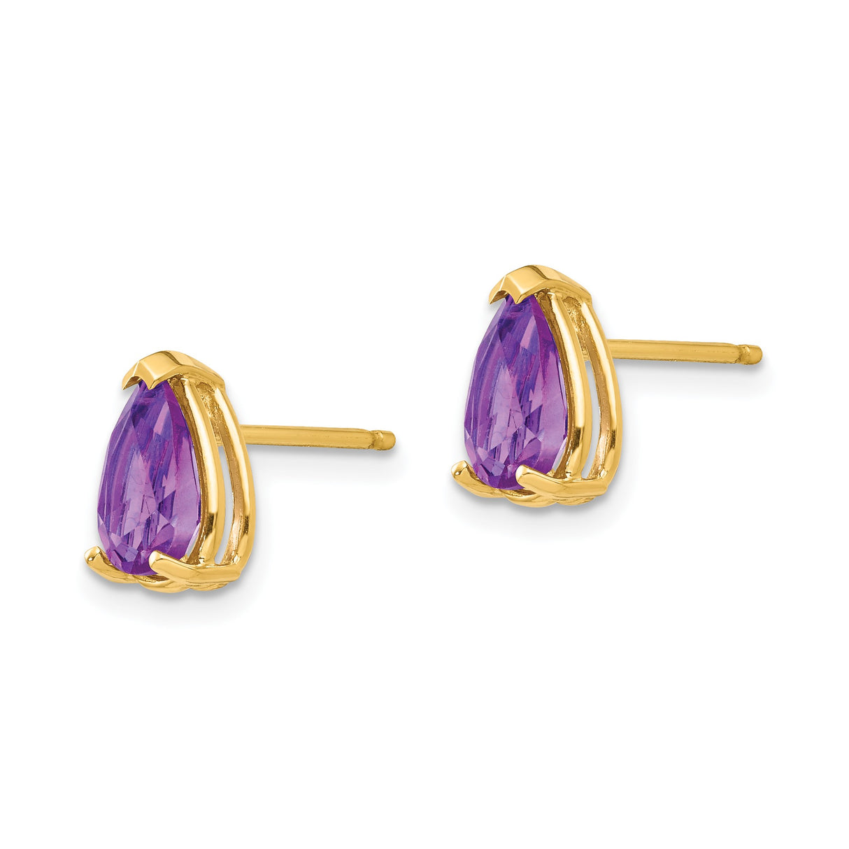 14k Yellow Gold Pear Shaped Amethyst Stud Earrings, Prong Set February Birthstone Jewelry