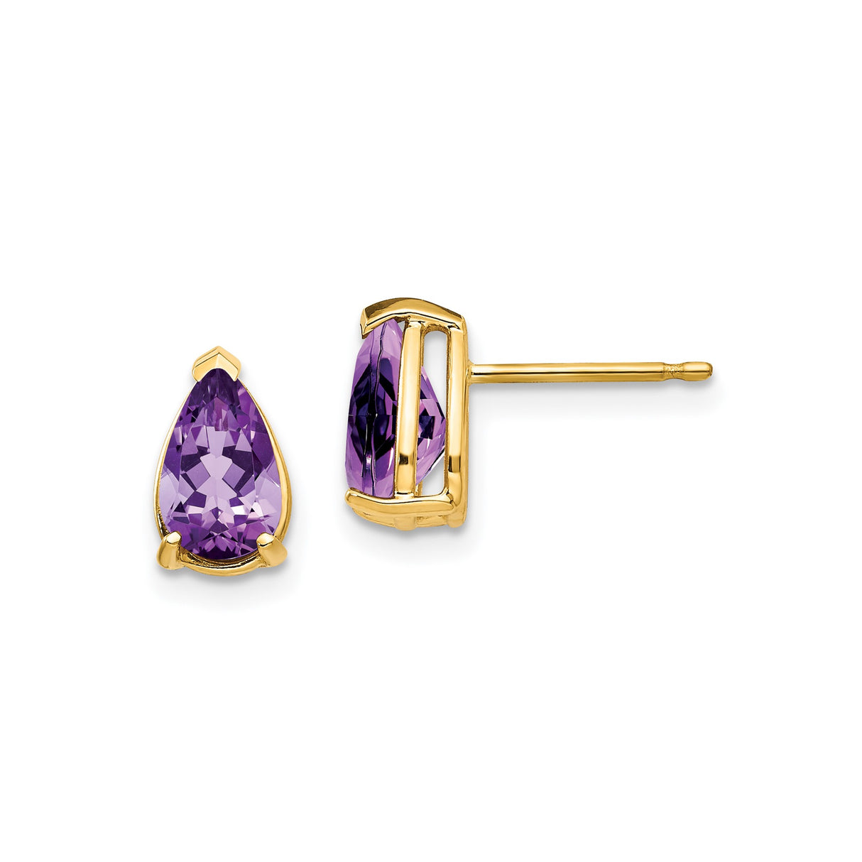 14k Yellow Gold Pear Shaped Amethyst Stud Earrings, Prong Set February Birthstone Jewelry