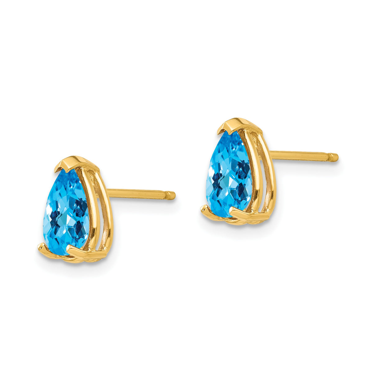 14k Yellow Gold Blue Topaz Stud Earrings, Pear Shaped Gemstone, Minimalist Three Prong Setting