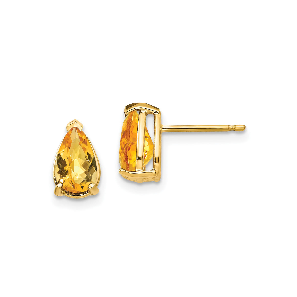 14k Yellow Gold Citrine Stud Earrings, Pear Shaped Faceted Gemstone, Classic Style for Women