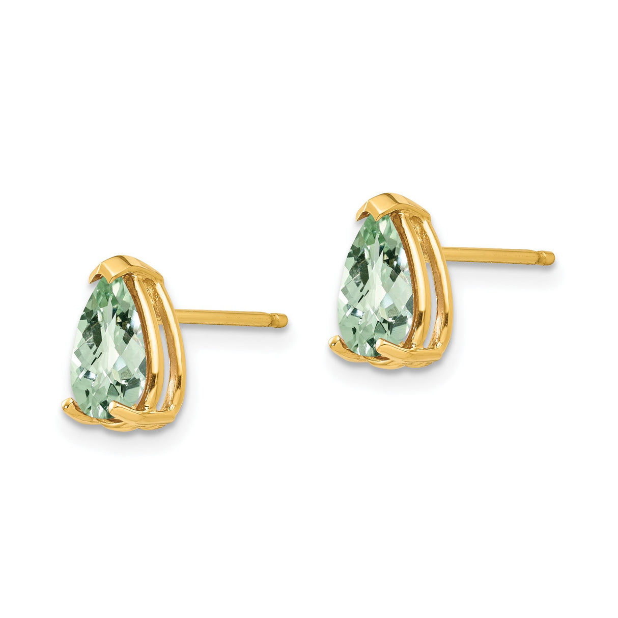 14k Yellow Gold Pear Shaped Green Amethyst Stud Earrings, Classic Prong Setting for Women