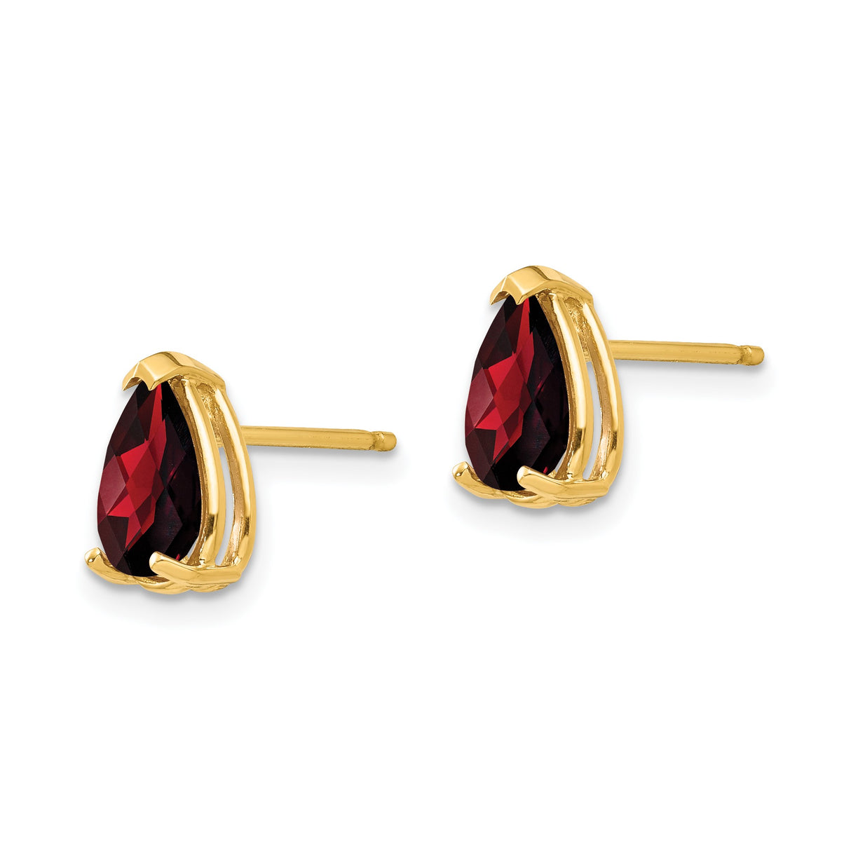 14k Yellow Gold Garnet Stud Earrings, Pear Shaped Three Prong Setting, January Birthstone