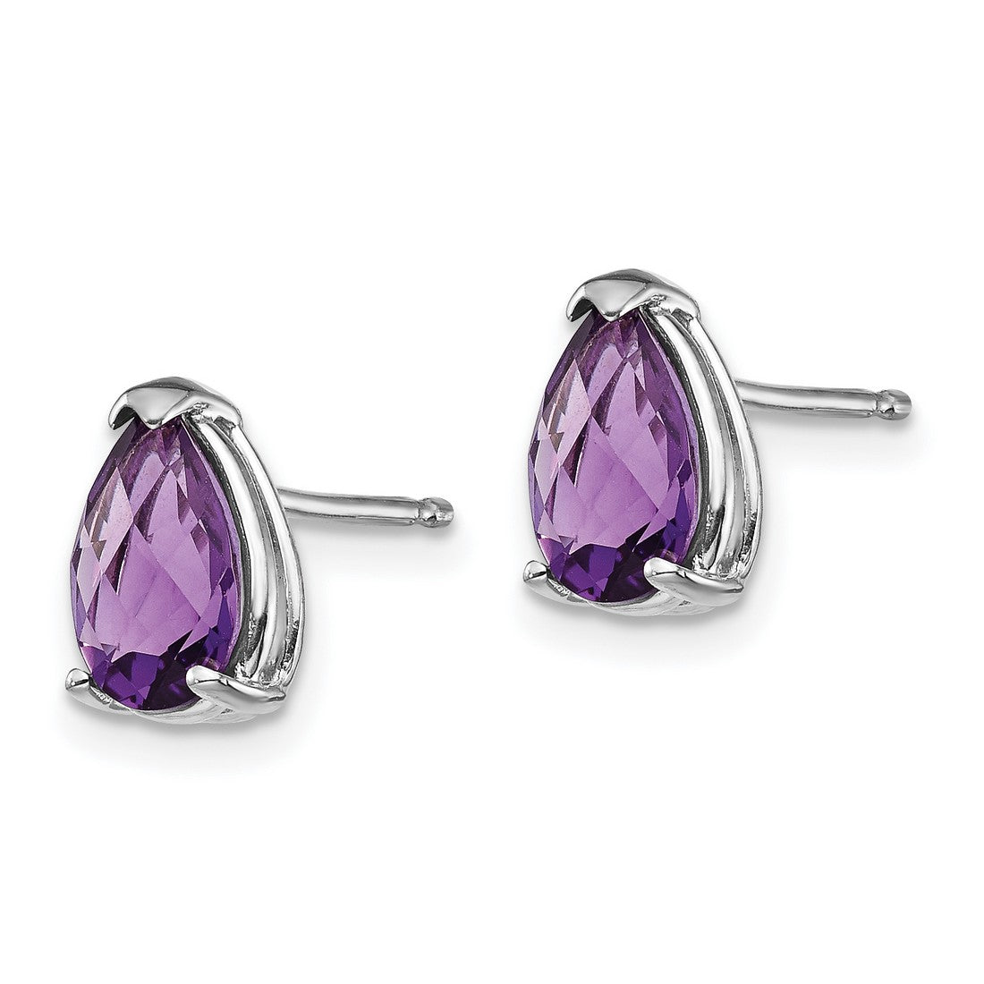 14k White Gold Amethyst Stud Earrings, Pear Shaped Gemstones in Three Prong Setting for Women