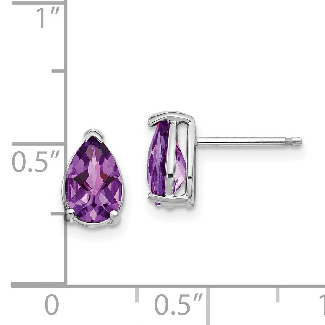 14k White Gold Amethyst Stud Earrings, Pear Shaped Gemstones in Three Prong Setting for Women