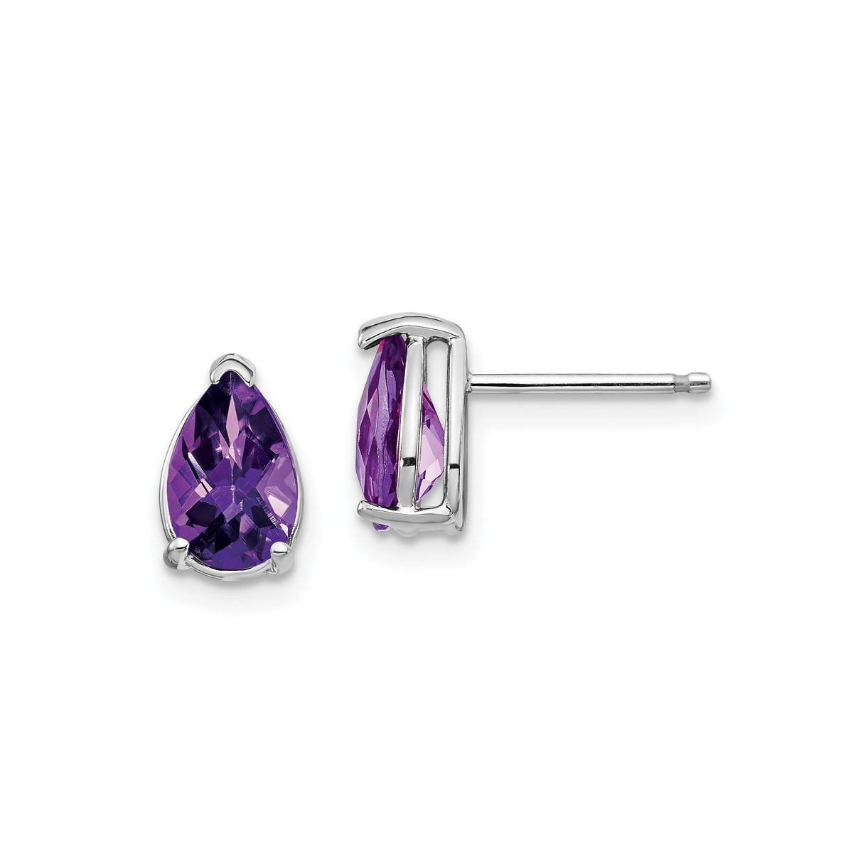 14k White Gold Amethyst Stud Earrings, Pear Shaped Gemstones in Three Prong Setting for Women
