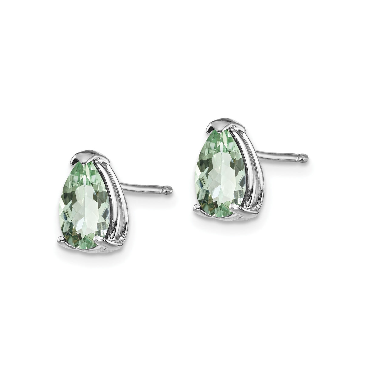 14k White Gold Stud Earrings with Pear Shaped Green Quartz, Minimalist Design for Women