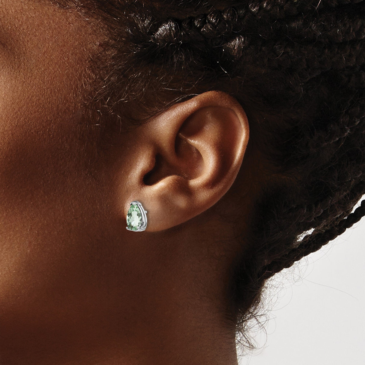 14k White Gold Stud Earrings with Pear Shaped Green Quartz, Minimalist Design for Women