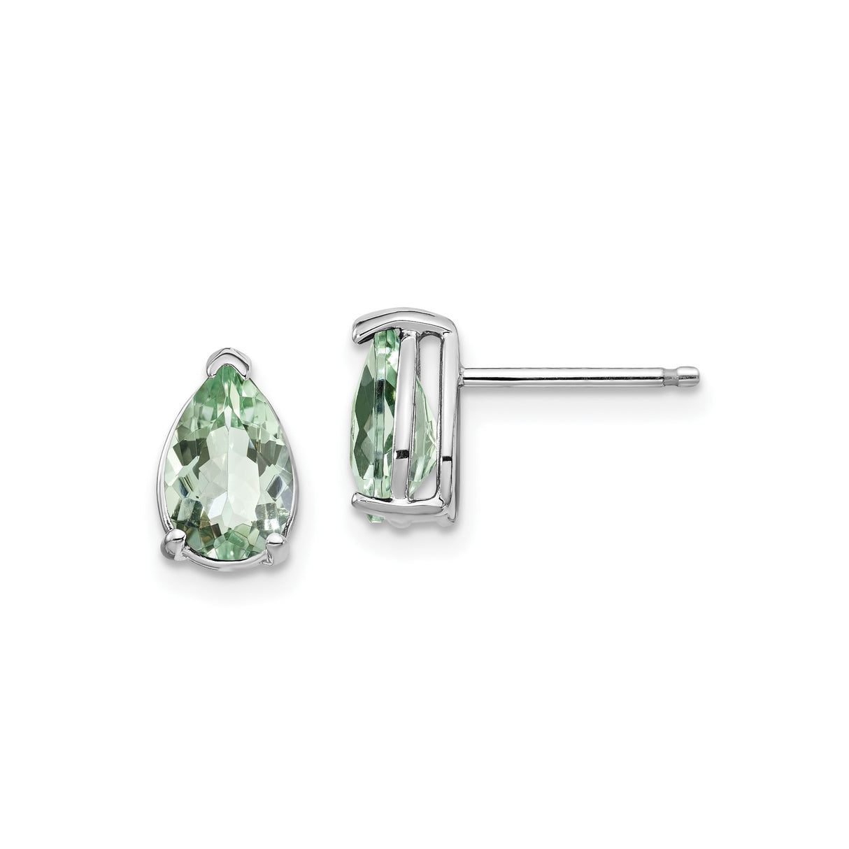 14k White Gold Stud Earrings with Pear Shaped Green Quartz, Minimalist Design for Women