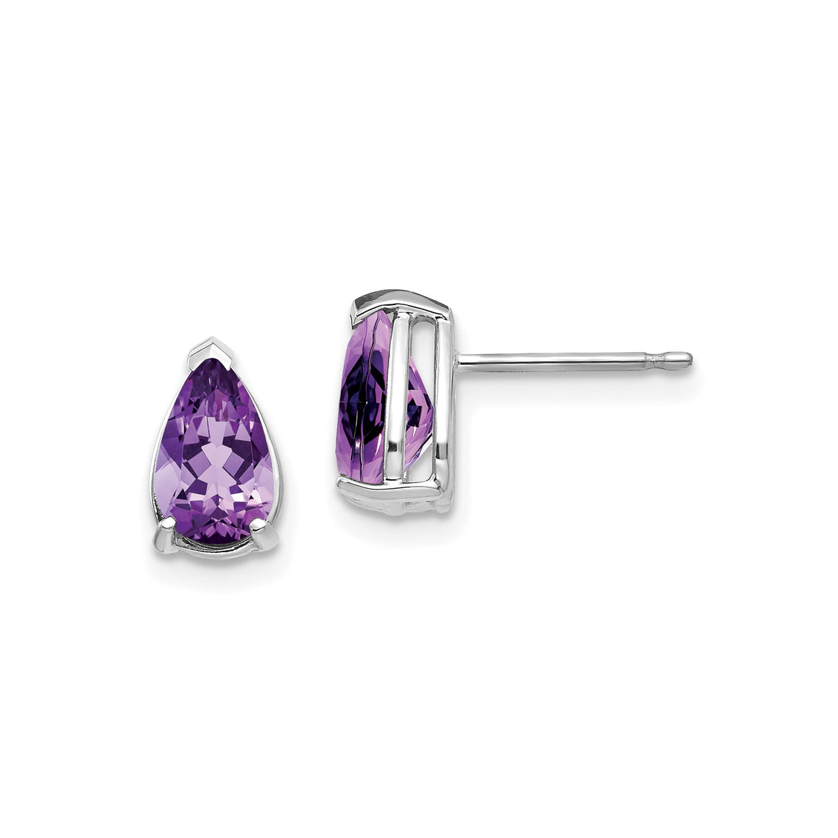 14k White Gold Amethyst Stud Earrings with Pear Cut Purple Gemstone, Teardrop Minimalist Style