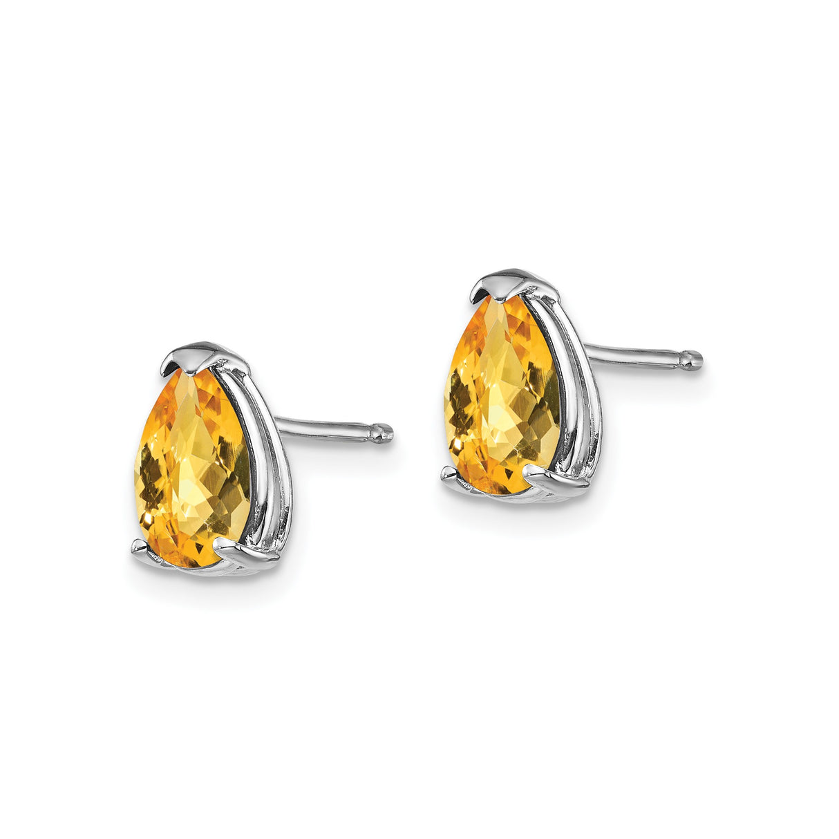 14k White Gold Citrine Stud Earrings, Pear Shaped Prong Set Yellow Orange Gemstone